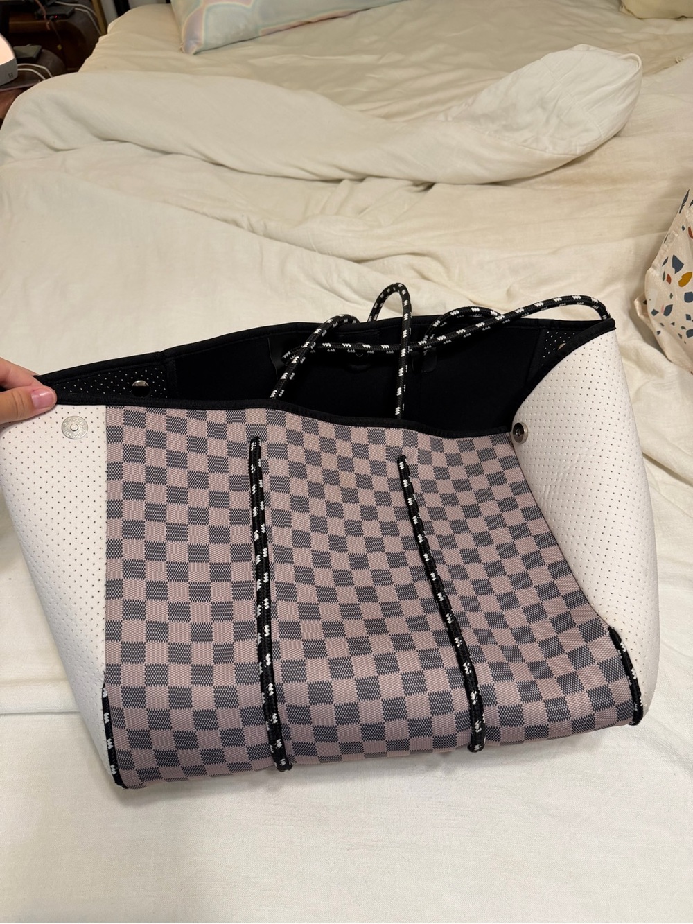 Checkerboard Neoprene Tote Bag in Pink and White